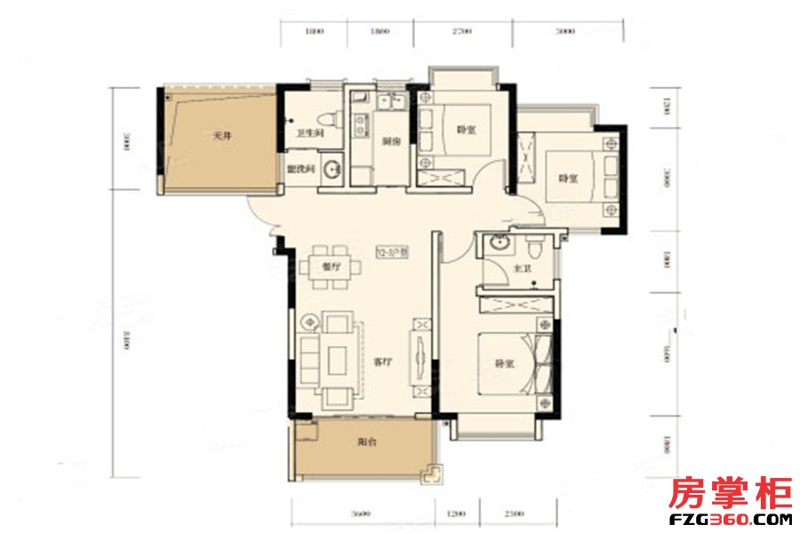 Y2-3户型 3室2厅2卫1厨 95.08平米