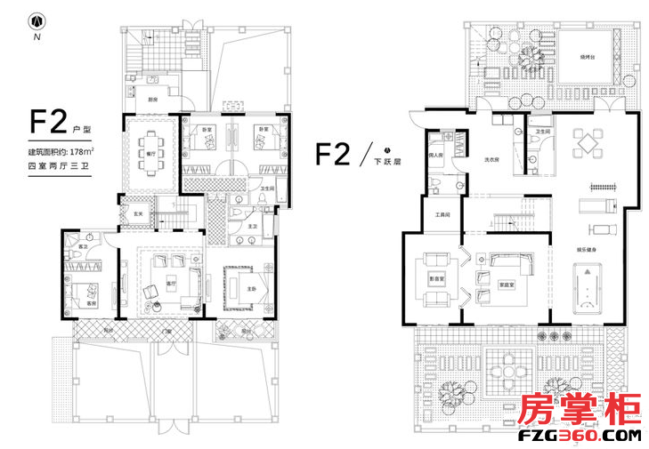 花园洋房F2首层户型 4室2厅3卫1厨 178.00㎡