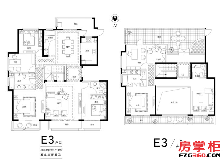 花园洋房E3顶层户型 5室3厅5卫1厨 293.00㎡