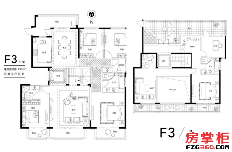 花园洋房F3顶层户型 5室3厅5卫1厨 295.00㎡