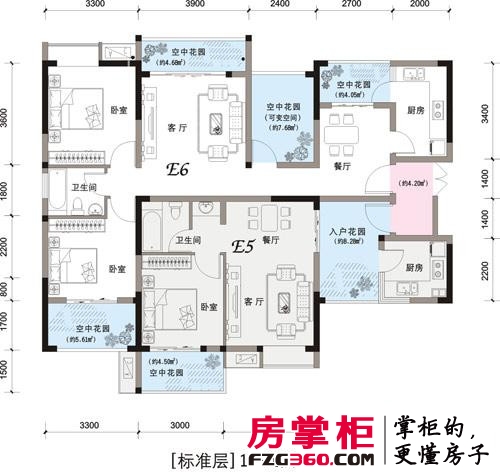 东麓驿境户型图三期E5+E6组合型（标准层 1-26层） 2室2厅1卫1厨