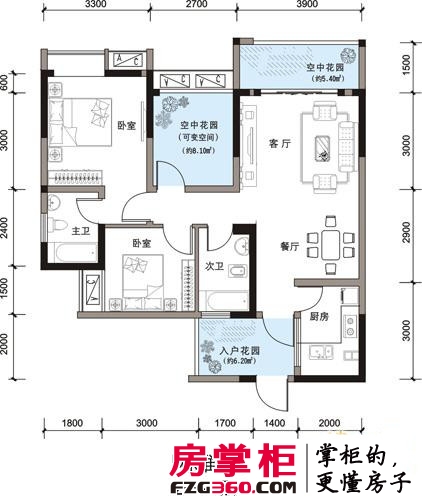 东麓驿境户型图三期E1标准层（标准层 2-23层） 2室2厅2卫1厨