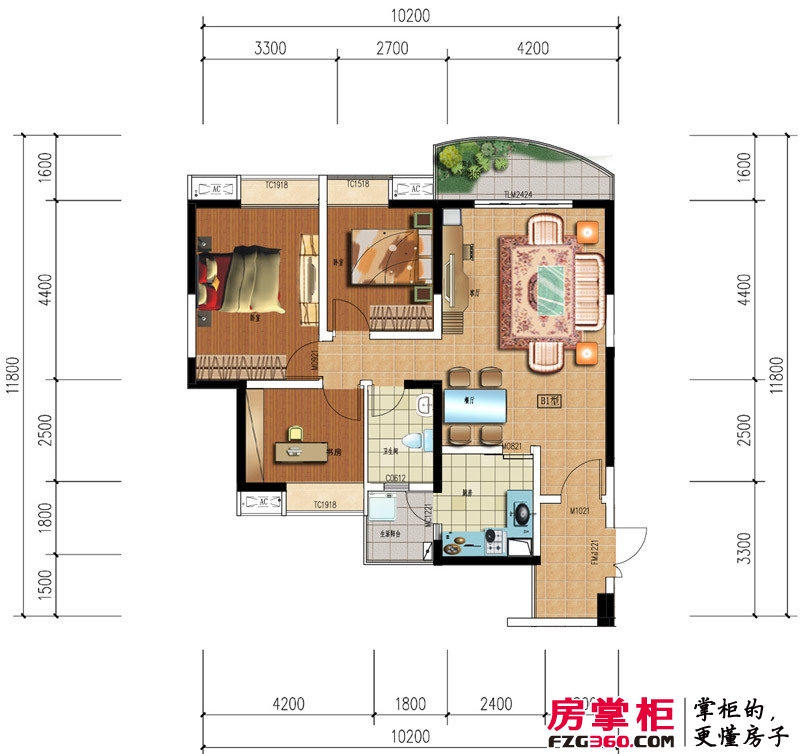 鑫河国际花园户型图一期1栋标准层B-b1户型 3室2厅1卫1厨