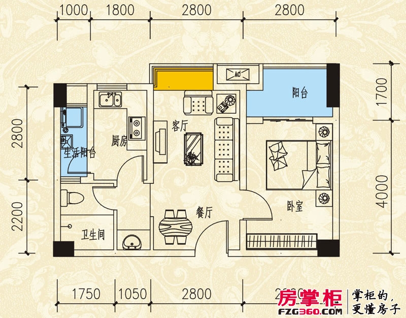 河滨鹭岛户型图一期D1户型（标准层） 1室2厅1卫1厨