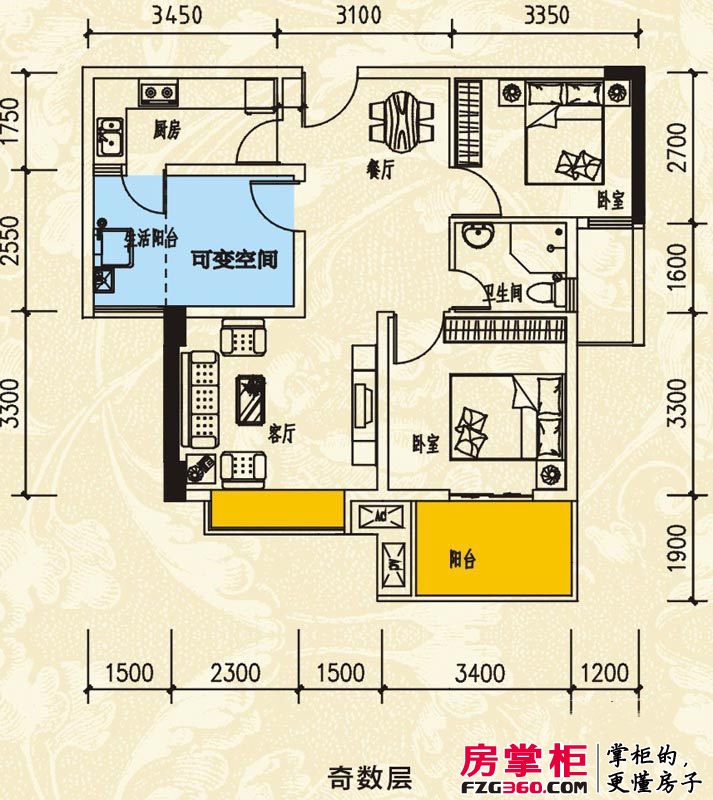 河滨鹭岛户型图一期D5-奇数层户型 2室2厅1卫1厨