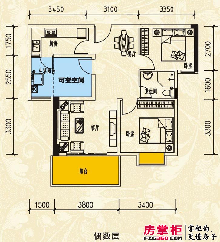 河滨鹭岛户型图一期D5-偶数层户型 2室2厅1卫1厨