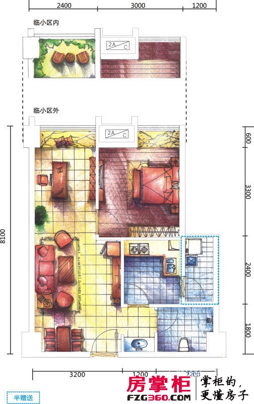 尚港领地户型图二期B户型 1室1厅1卫1厨