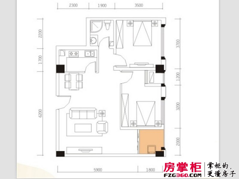 世纪百合尚寓户型图3号楼E11户型 2室2厅1卫1厨