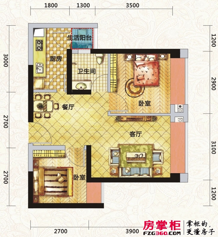 中国水电美立方户型图D型 2室2厅1卫1厨