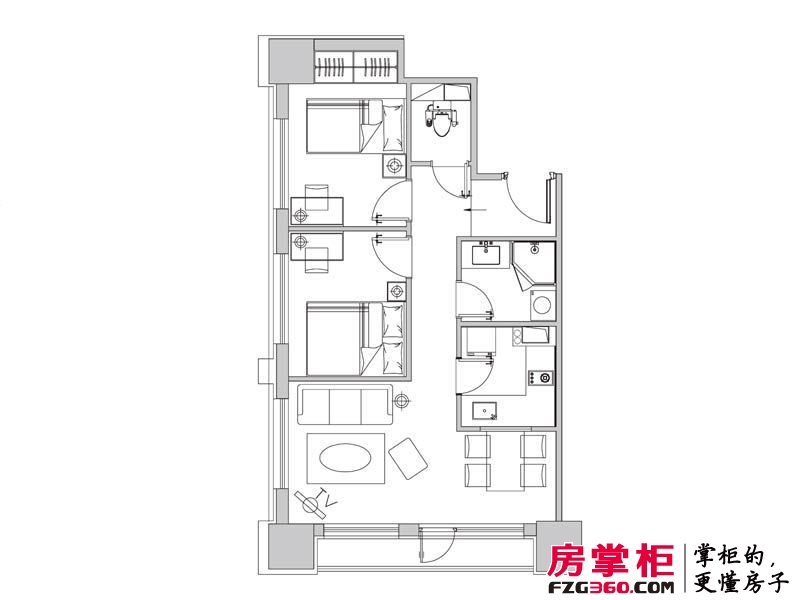 柏悦国际公寓户型图1号楼F户型 2室2厅1卫1厨