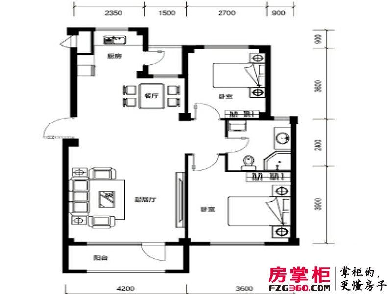 丽湾海景户型图3号楼F户型 2室2厅1卫1厨