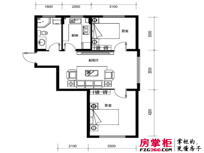 丽湾海景户型图2#B户型 2室1厅1卫1厨