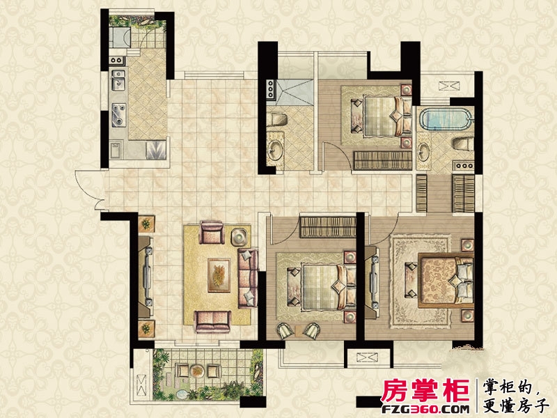 世茂江滨花园户型图8#楼Y户型奇数层 3室2厅2卫1厨
