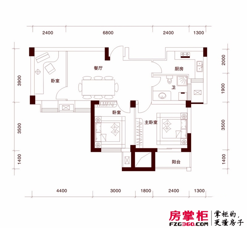 金顺锦绣时代户型图一期公寓2号楼标准层3层E户型 2室2厅1卫1厨