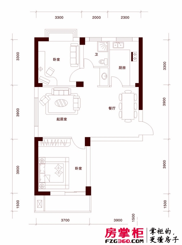 金顺锦绣时代户型图一期公寓2号楼标准层3层G户型 2室2厅1卫1厨