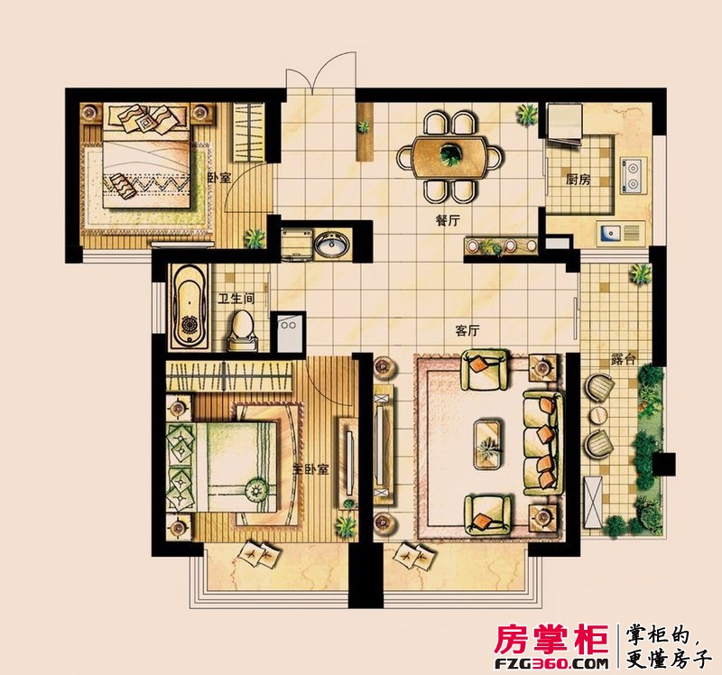 水乡华庭户型图一期1、2号楼奇数层E户型 2室2厅1卫1厨