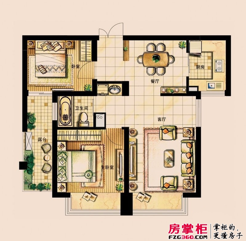 水乡华庭户型图一期1、2号楼偶数层E户型 2室2厅1卫1厨