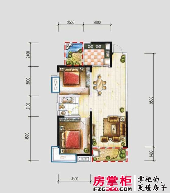 新华国际广场户型图16#楼0203单元户型 2室2厅1卫1厨