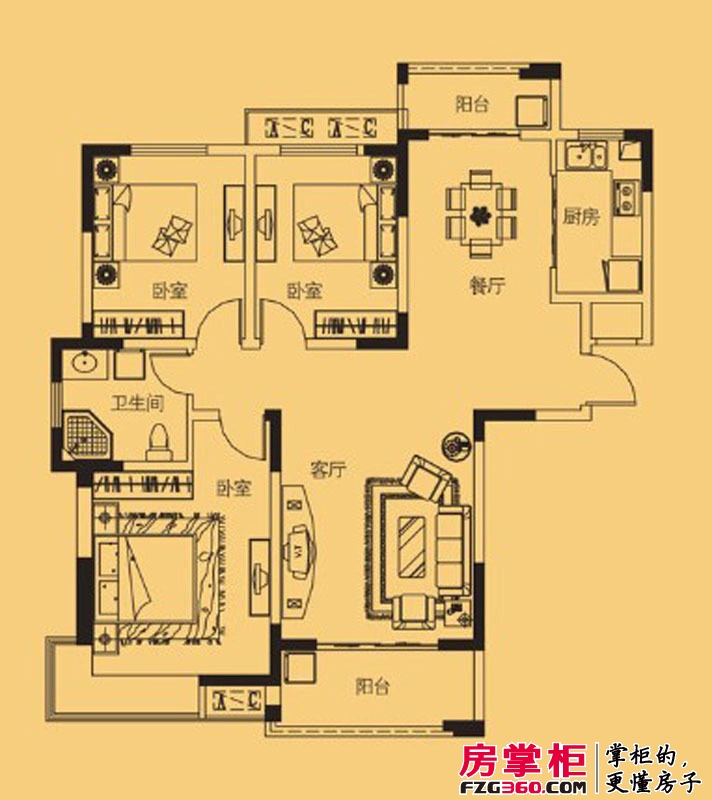众发世纪城户型图1-F户型 3室2厅1卫1厨