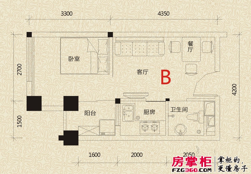 福乐门国际广场户型图1、2#楼B户型 1室1厅1卫1厨