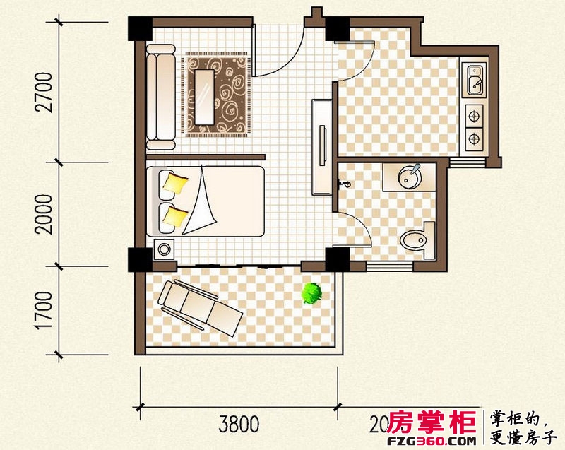 陆邦荣华园户型图B1-03户型图 1室1厅1卫1厨