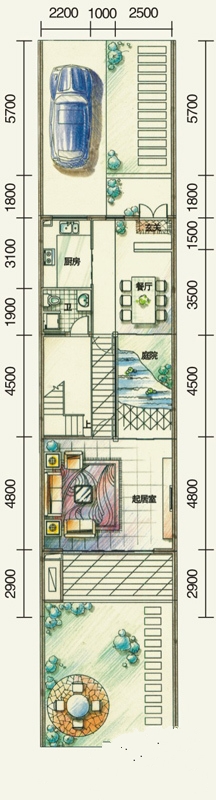 鲁能海蓝椰风户型图三期联排别墅A户型一层平面图 4室2厅5卫