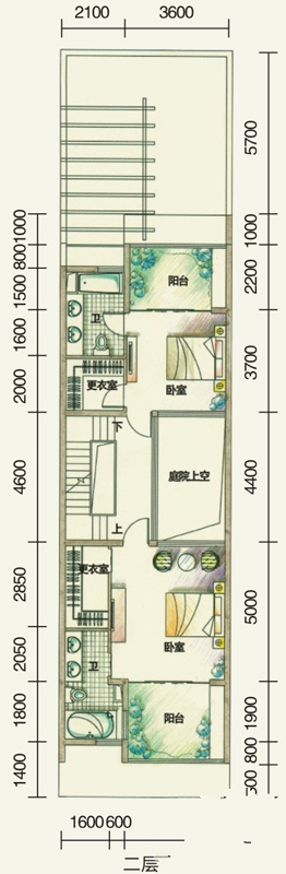 鲁能海蓝椰风户型图三期联排别墅A户型二层平面图 4室2厅5卫