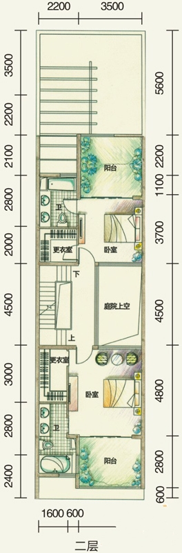 鲁能海蓝椰风户型图三期联排别墅B户型二层平面图 4室2厅5卫