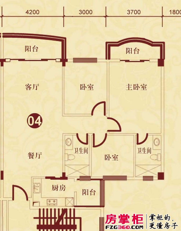 侨雅花苑户型图4期1、2、5、6号楼标准层04户型 3室2厅2卫1厨