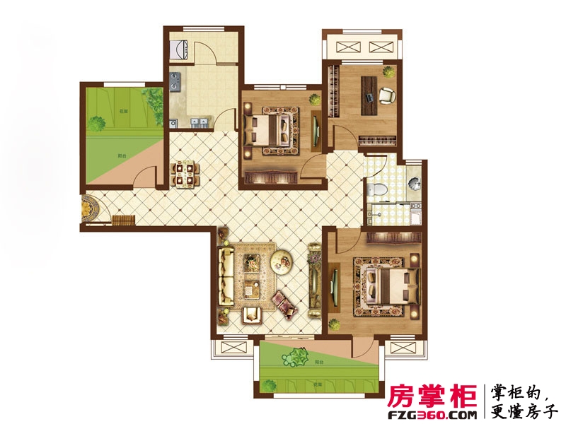 中国中铁·诺德名城户型图J户型(绿色部分为赠送面积) 4室2厅1卫1厨