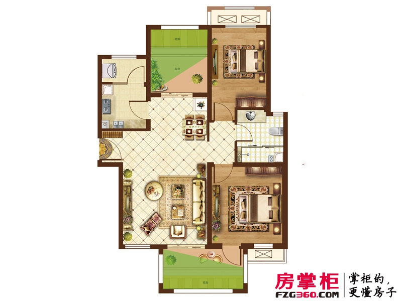 中国中铁·诺德名城户型图G户型(绿色部分为赠送面积) 3室2厅1卫1厨
