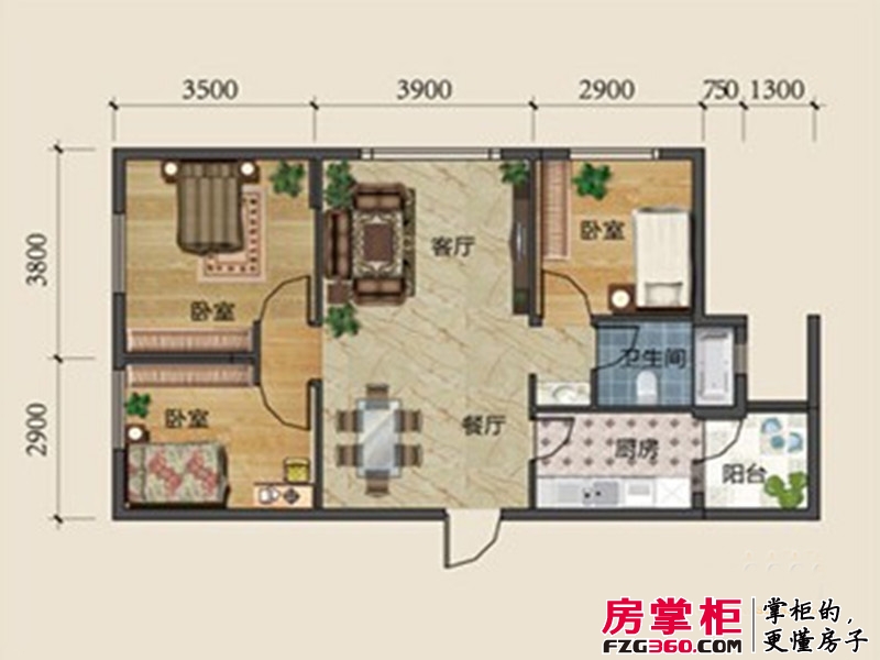 中国水电·金檀户型图B2户型 3室2厅1卫1厨