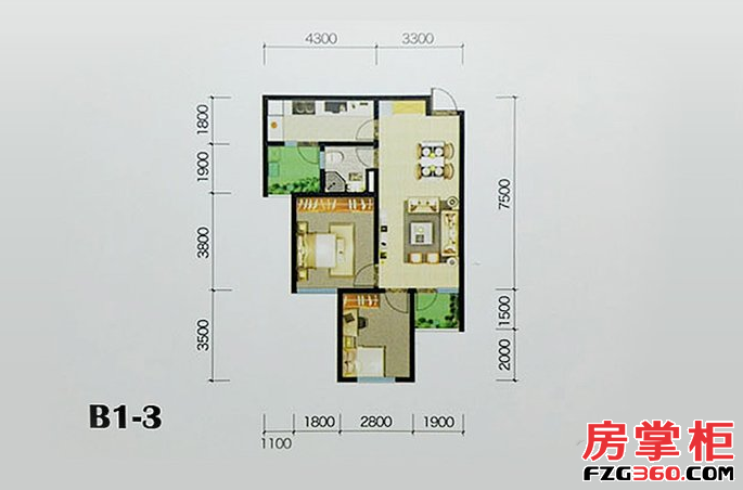 紫薇苑B1-3户型 2室2厅1卫1厨 76.01㎡
