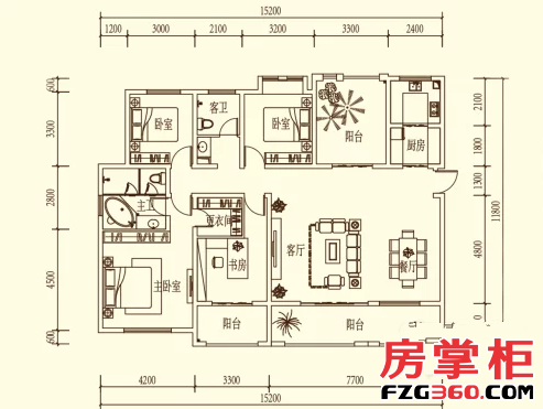 洋房F1户型 4室2厅2卫1厨 172.00平米