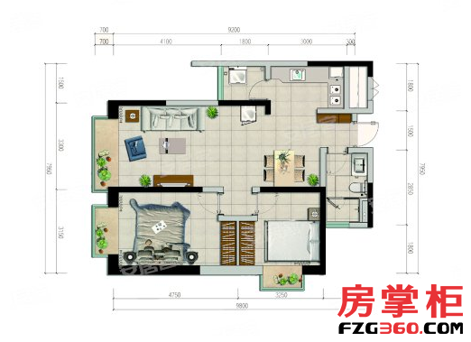 H1户型 2室2厅1卫1厨 84.43平米