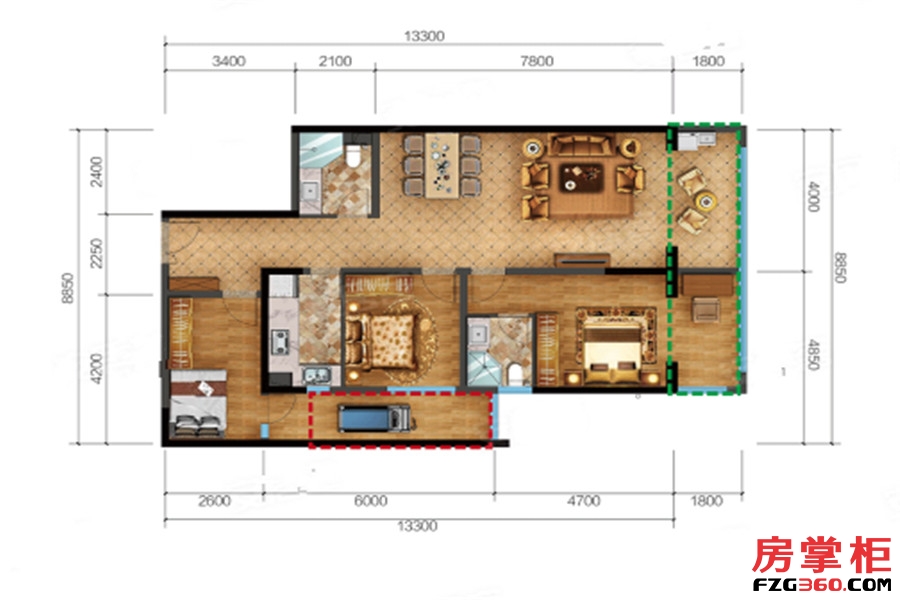 6I户型 3室2厅2卫1厨 129.85平米