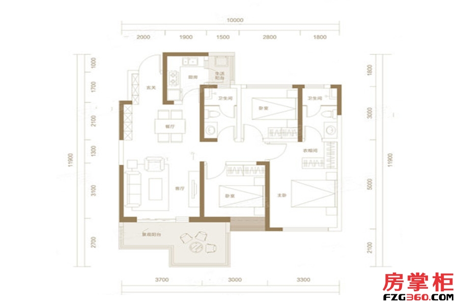 E1户型 3室2厅2卫1厨 113.19平米