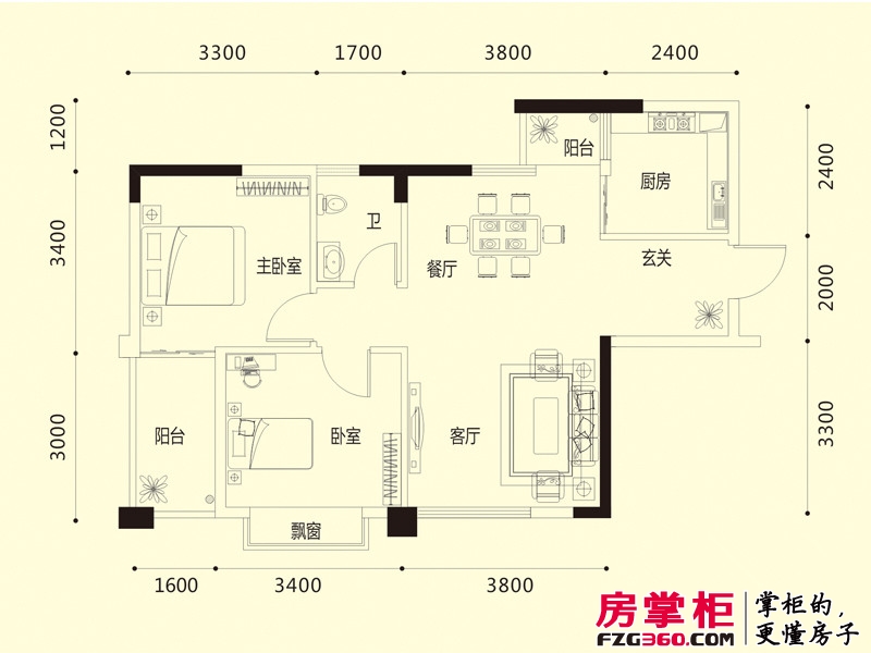 宏桂·香兰花园1#B户型 2室2厅1卫1厨