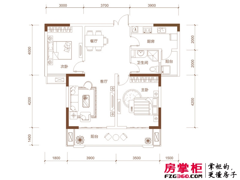 宏泰世纪滨江户型图一期高层B1户型 2室2厅1卫1厨