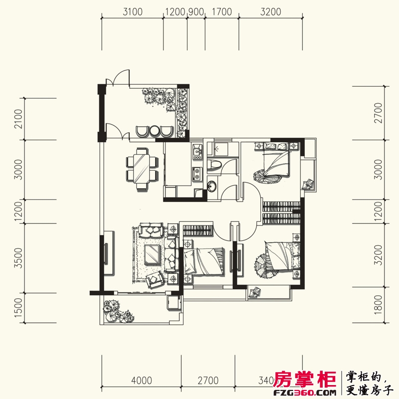 力高滨江国际户型图6#楼高层B6户型 3室2厅1卫1厨