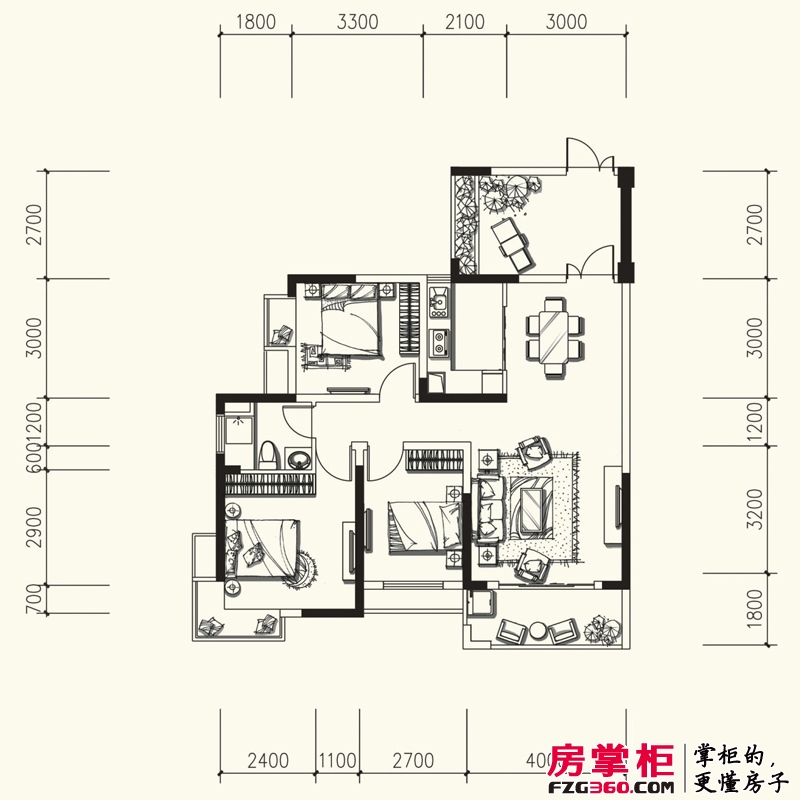 力高滨江国际户型图6#楼高层B5户型 3室2厅1卫1厨