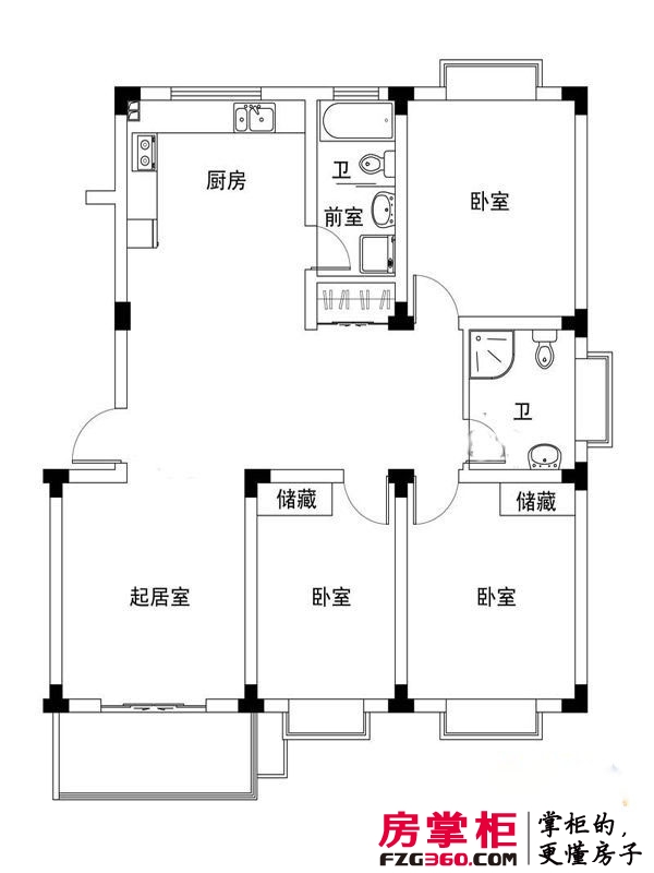 旭东新城户型图20幢标准层C4户型 3室2厅2卫1厨