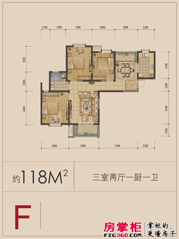 万江共和新城户型图三期23#红公馆标准F户型 3室2厅1卫1厨