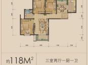万江共和新城户型图三期23#红公馆标准F户型 3室2厅1卫1厨