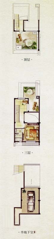 大吉山水田园户型图二期N5户型顶层、三层、半地下室 3室2厅3卫
