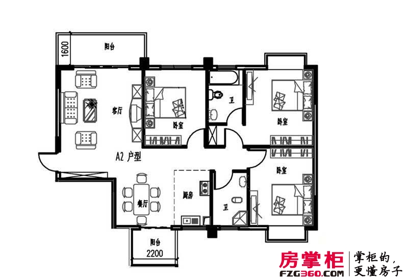 滨江花园户型图1#楼01号房 3室2厅2卫1厨