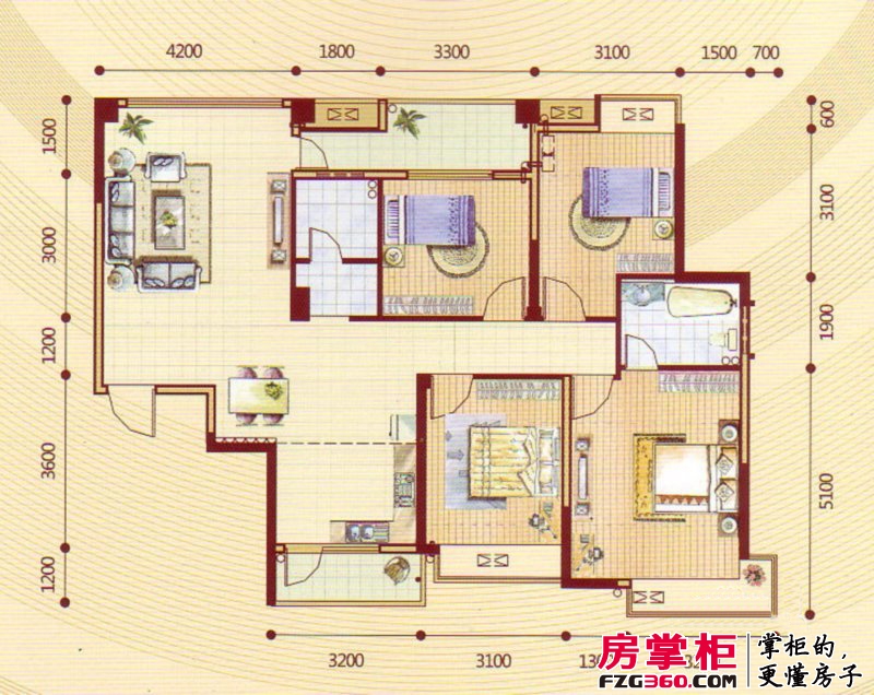 昌泰东盟园户型图1#、3#楼B-1户型 4室2厅2卫1厨