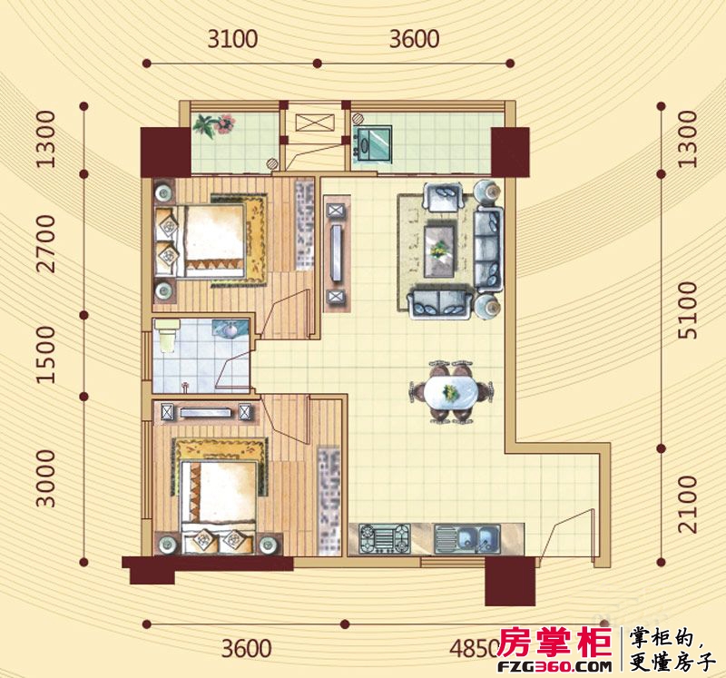 昌泰东盟园户型图SOHO公寓1#楼A户型 2室2厅1卫1厨