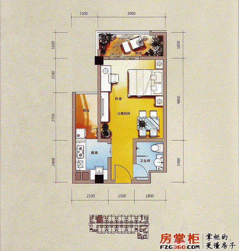 印尼园户型图一期15号楼B1户型1室一厅一卫43.25㎡ 1室1厅1卫1厨