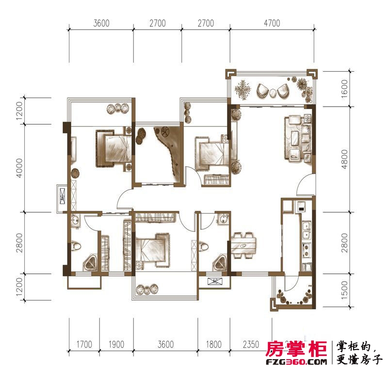 红日山湖户型图3#楼03、04户型 4室2厅2卫1厨